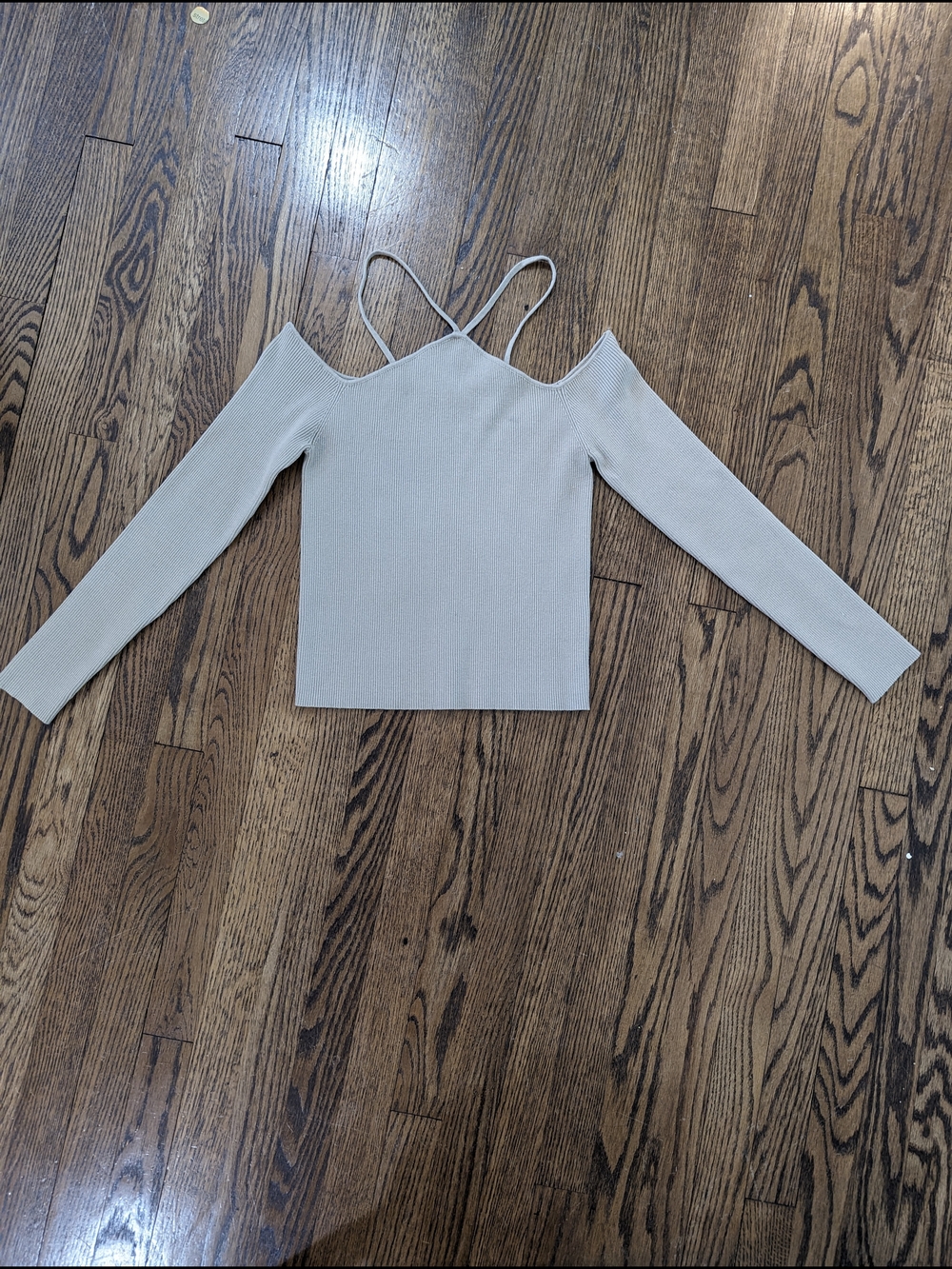 Mable Beige Ribbed Cold Shoulder Top
